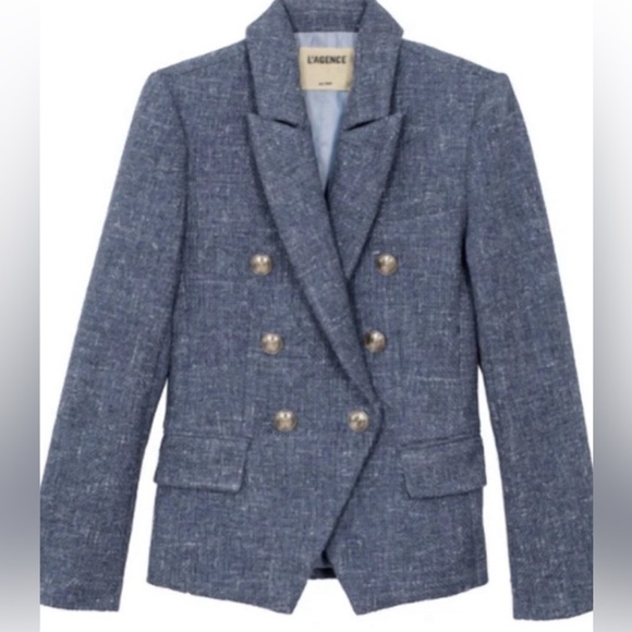 L’Agence Kenzie double breasted blazer tweed jacket  blue melange - Picture 5 of 6